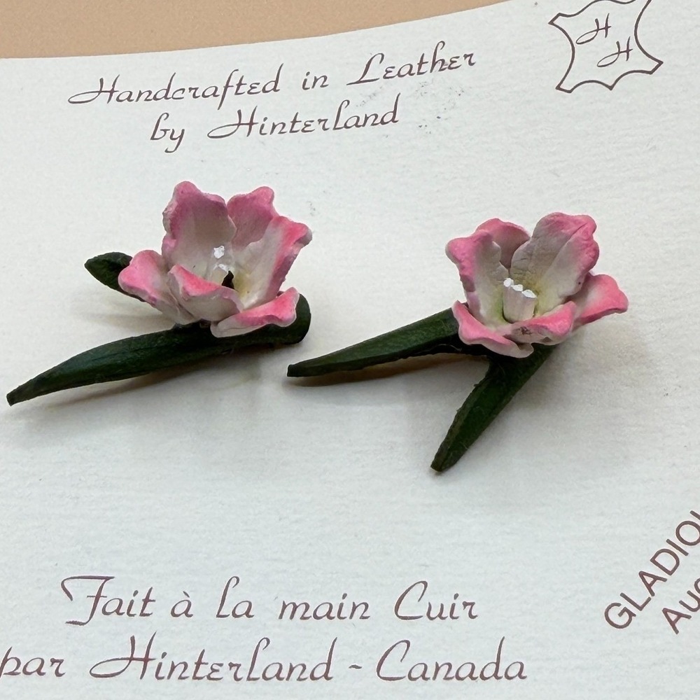 Hinterland Gladiola August Pink Leather Flower Earrings Handmade Canada Vintage
